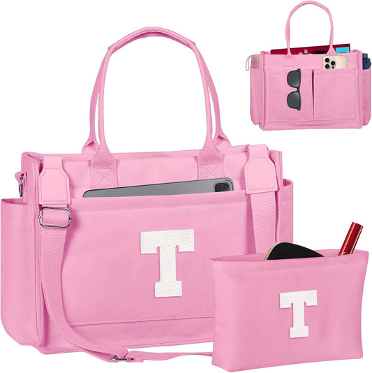 Gifts for Women Teen Girls, Initial Tote Bag with Zipper, Letter Canvas Tote Purse for College Work Laptop Beach