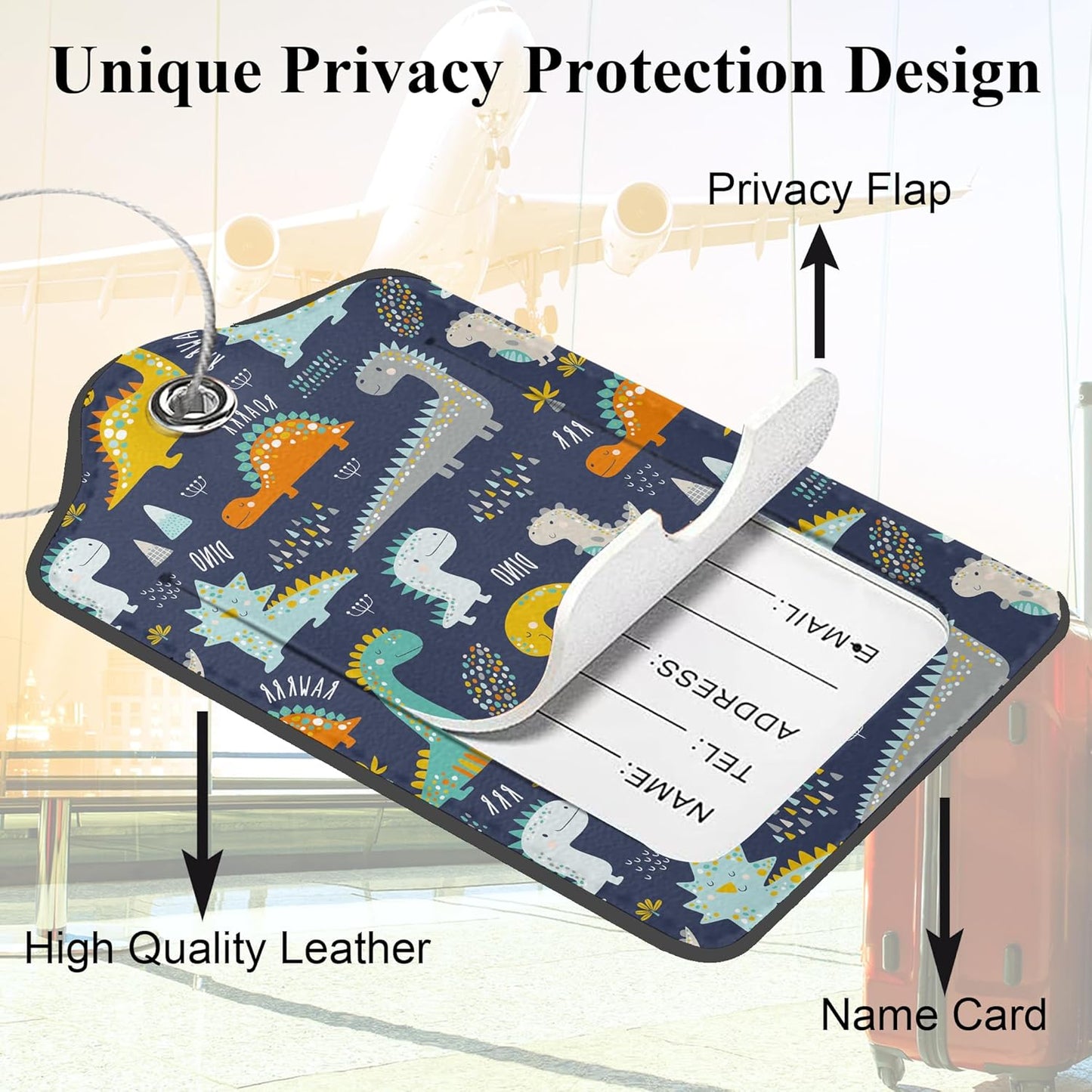 Cute Funny Dinosaurs and Eggs 2 Pack PU Leather Luggage Tags with Stainless Steel Loop, Colorful Dinosaurs Travel Labels with Privacy Cover ID Label for Quick Spotting