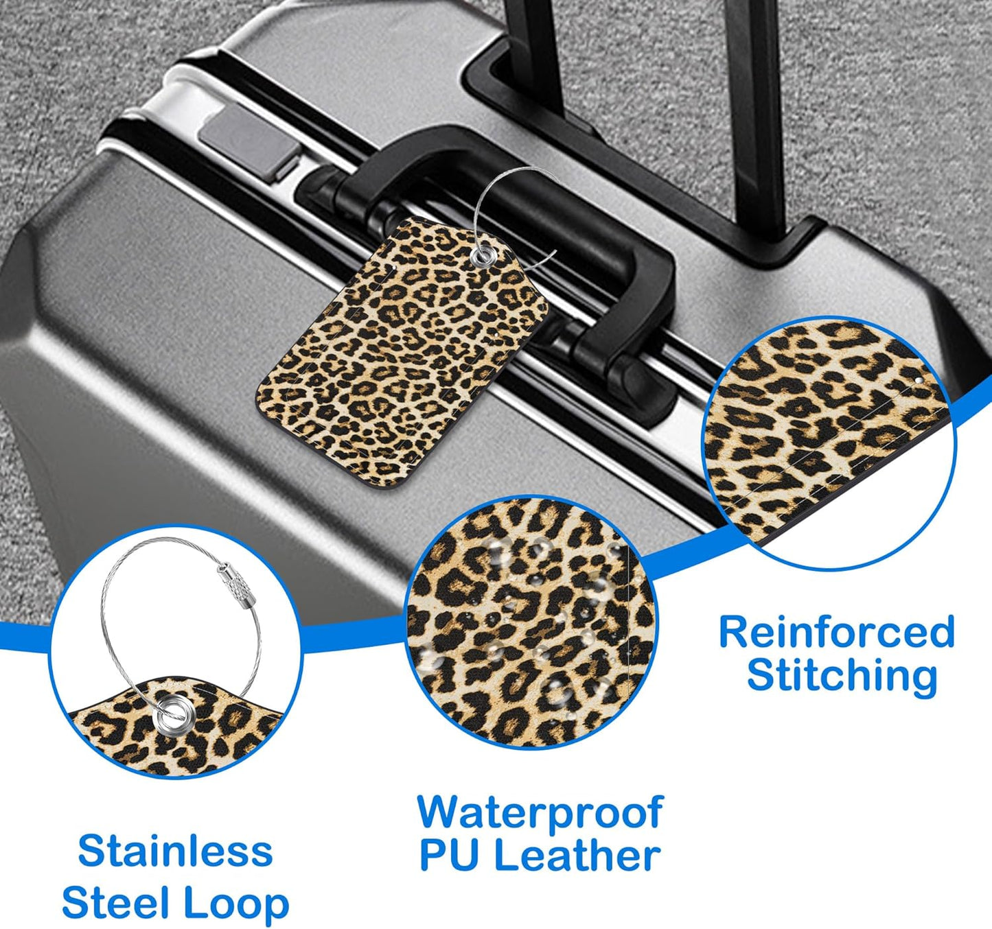 2 Pcs Luggage Tags for Suitcases, Leopard Print Leather Bag Tags for Luggage Privacy Cover Name ID Label with Stainless Steel Loop Cruise Airport Travel Essentials