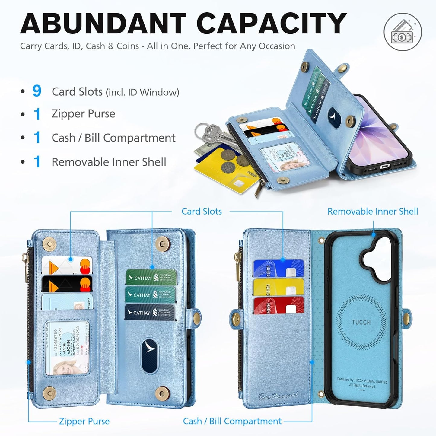 TUCCH Crossbody Detachable Wallet Case for iPhone 17 (6.3"), 9 Card Slots RFID Blocking | Wireless Charging | Wrist Strap Lanyard | Stand | Zipper Pocket | PU Leather Phone Cover | Pearly Light Blue