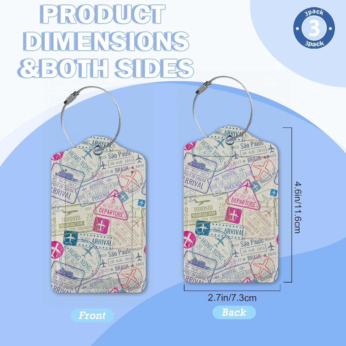 Set of 3 Luggage Tags,Travel Stamp Leather Suitcases Tag Identifiers with Privacy Name Address Labels & Durable Steel Loop for Women Men Travel