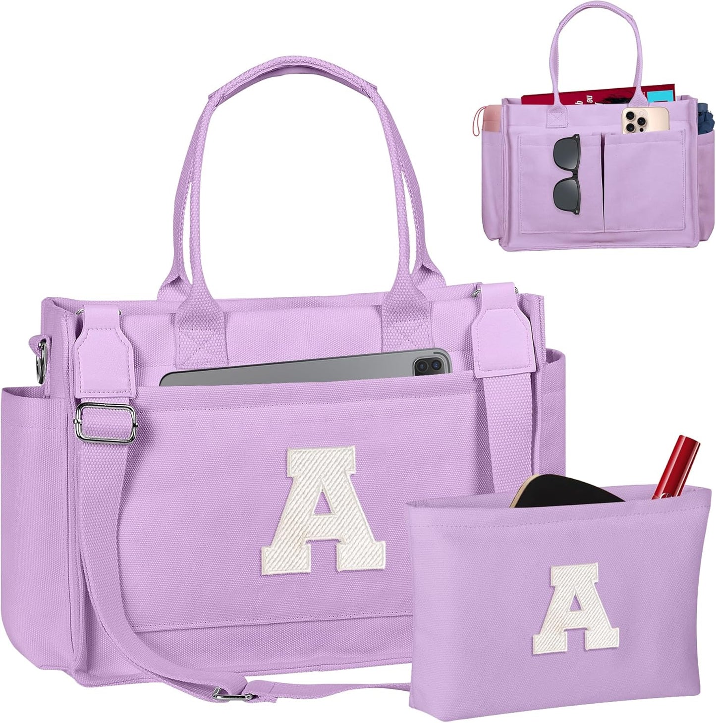 Gifts for Women Teen Girls, Initial Tote Bag with Zipper, Letter Canvas Tote Purse for College Work Laptop Beach