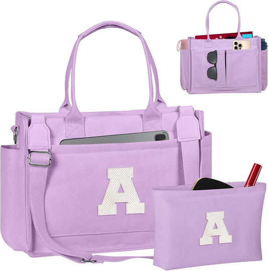 Gifts for Women Teen Girls, Initial Tote Bag with Zipper, Letter Canvas Tote Purse for College Work Laptop Beach
