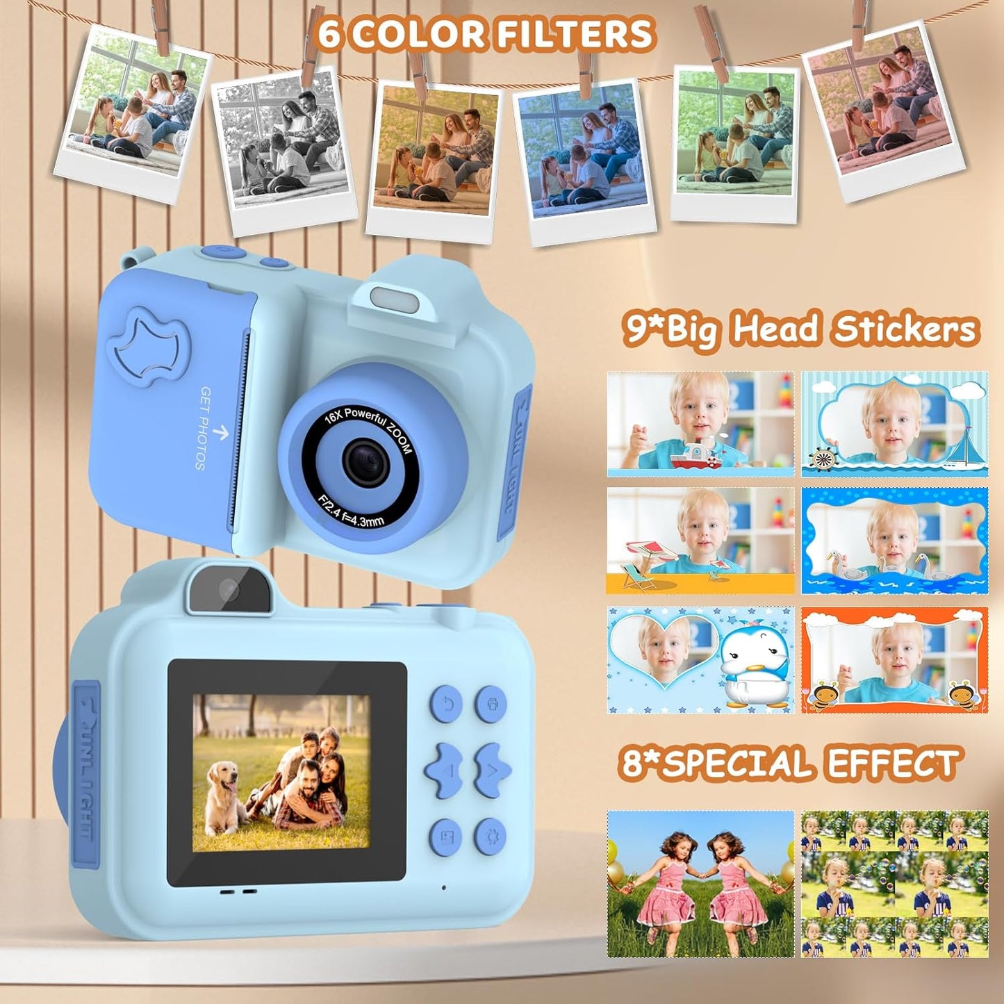 Kids Camera Instant Print, Christmas Birthday Gifts Toys for Girls Boys Age 4 5 6 7 8 9 10 11 12 Years Old,1080P HD Dual Lens Selfie Digital Camera with 5 Rolls Print Paper Stickers Pens 32G Card