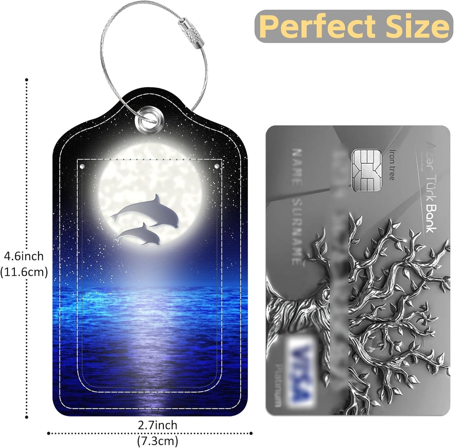 Set of 2 Luggage Tags Pair Jumping Dolphin on The Night Leather Suitcases Tag with Privacy Cover Stainless Steel Loop and Address Card for Women Men Travel