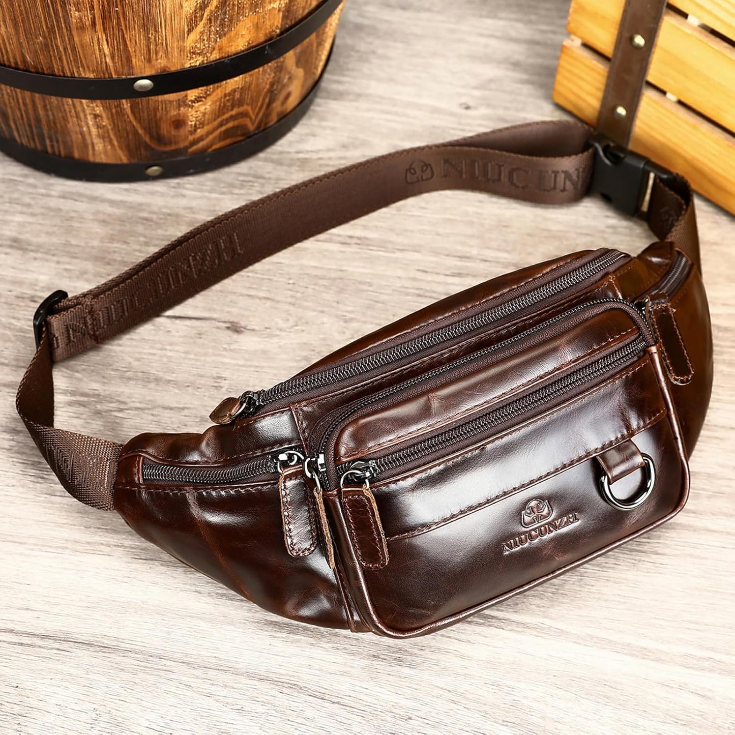Genuine Leather Fanny Pack HandMade Durable cowhide Waist Bag Lots of Anti-theft zipper pocket Dark OilCoffee