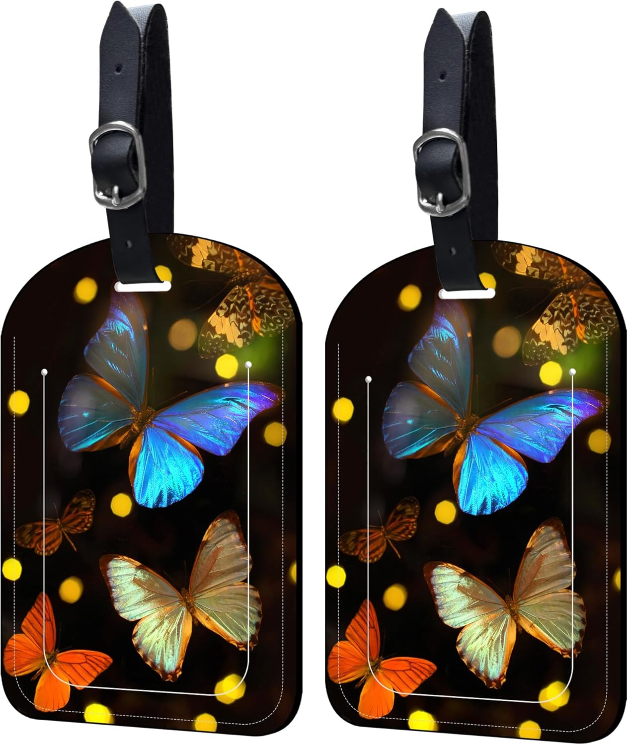2 Pack Luggage Tags Tropical Butterflies PU Leather Baggage Handbag Suitcase Tags with Secure Strap Privacy Cover ID Labels,Business Travel Baggage Tag Identifier