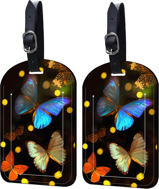 2 Pack Luggage Tags Tropical Butterflies PU Leather Baggage Handbag Suitcase Tags with Secure Strap Privacy Cover ID Labels,Business Travel Baggage Tag Identifier
