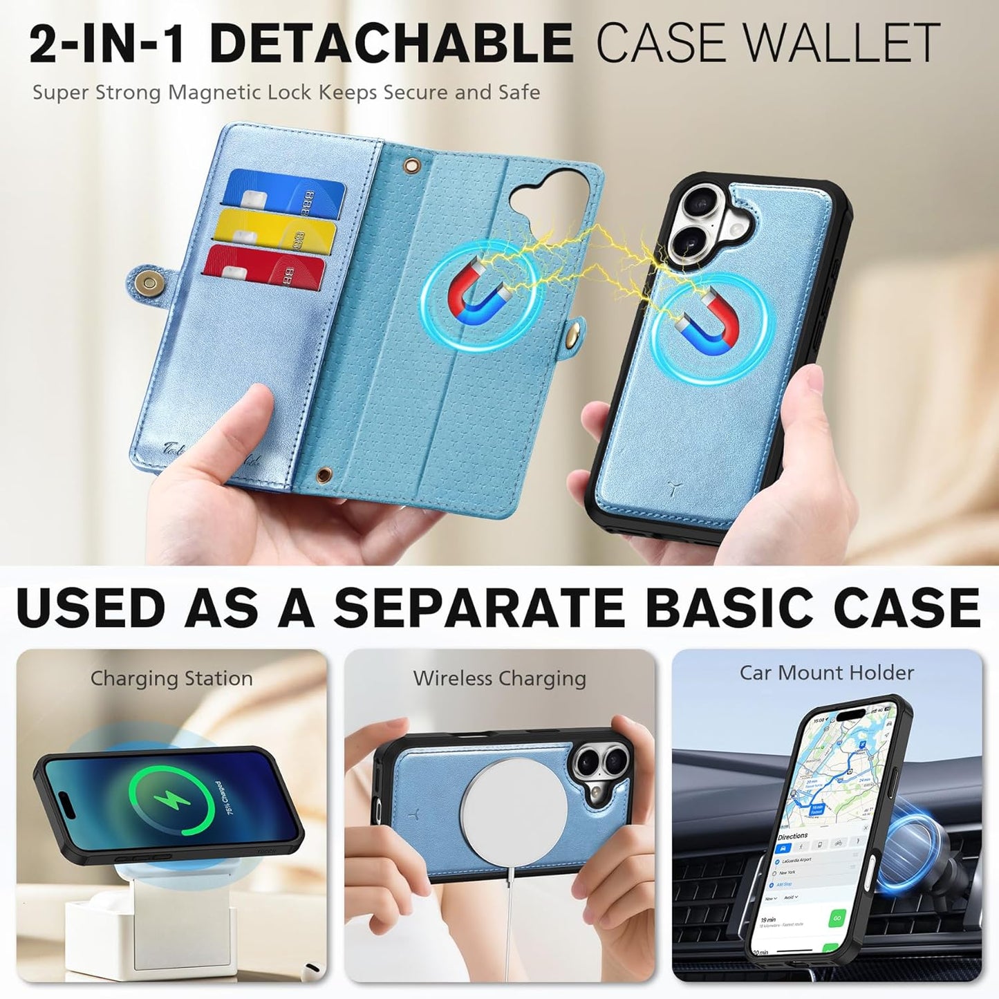 TUCCH Crossbody Detachable Wallet Case for iPhone 17 (6.3"), 9 Card Slots RFID Blocking | Wireless Charging | Wrist Strap Lanyard | Stand | Zipper Pocket | PU Leather Phone Cover | Pearly Light Blue