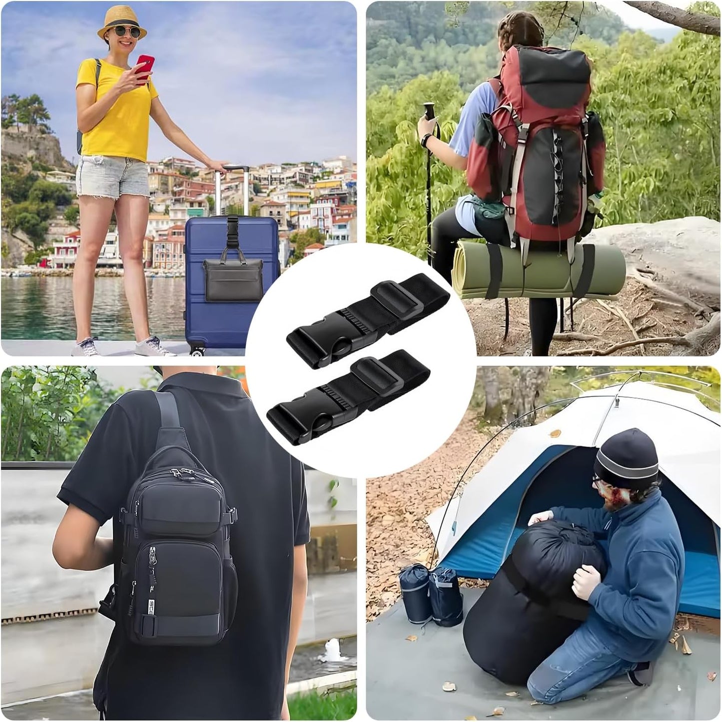 Luggage Straps for Suitcases TSA Approved, Straps with Buckles, Adjustable Luggage Connector Straps for Suitcases - Connect 3 Luggages, Fanny Pack Extender Strap (2pcs Black)