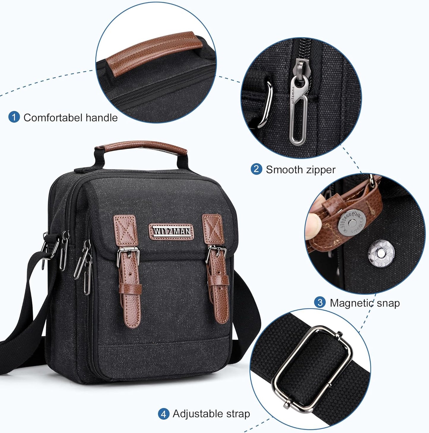 WITZMAN Canvas Small Messenger Bag for Men Crossbody Bag Multi-pocket Casual Shoulder Bag Travel Chest Bag