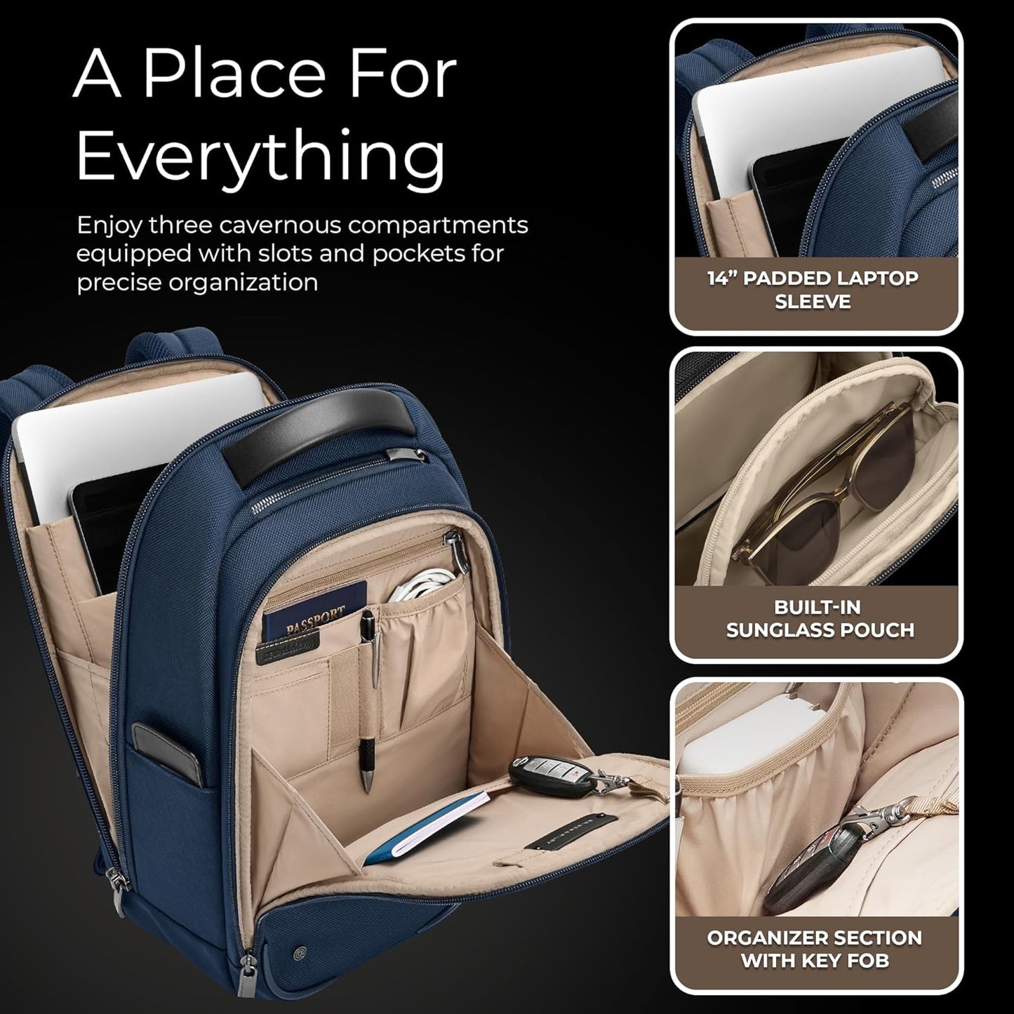 Briggs & Riley Slim Backpack for Women & Men - Laptop Backpack, For Work & Travel, Carry On Size, Lightweight & Durable, Padded Straps, Fits up to 14" Laptop - @work Collection, Navy