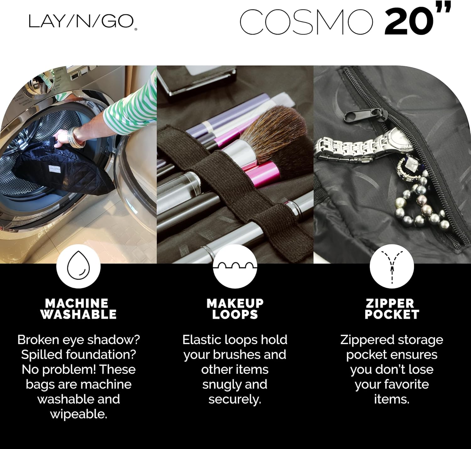 Lay-n-Go Cosmo Layflat Drawstring Cosmetic & Makeup Bag Organizer w/Zipper Pocket, Brush Loops &