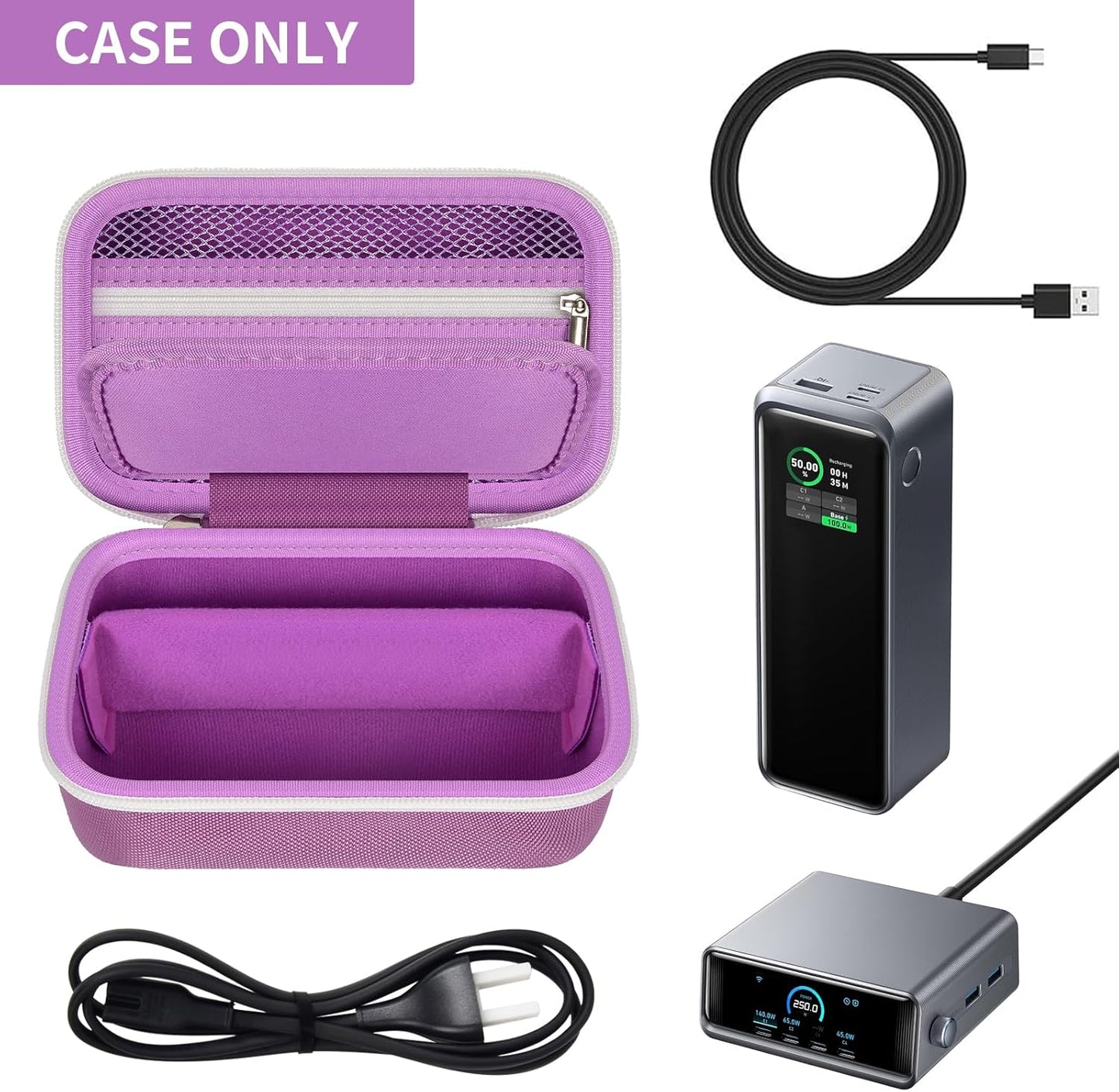Case Compatible with Anker Prime Power Bank, 27,650mAh 3-Port 250W& for Prime USB C Charging Station, Storage Travel Holder for Anker Prime Charging Base, Portable Chargers, Cable-Purple (Box Only)