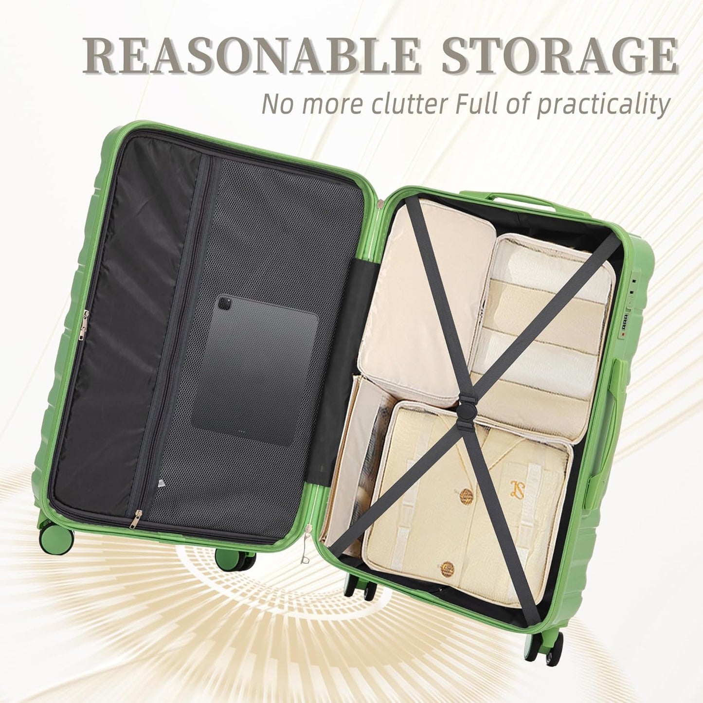 Campfun 3 Piece Luggage Sets, ABS Suitcase Set with Double Spinner Wheels Hang Hook, Durable Carry