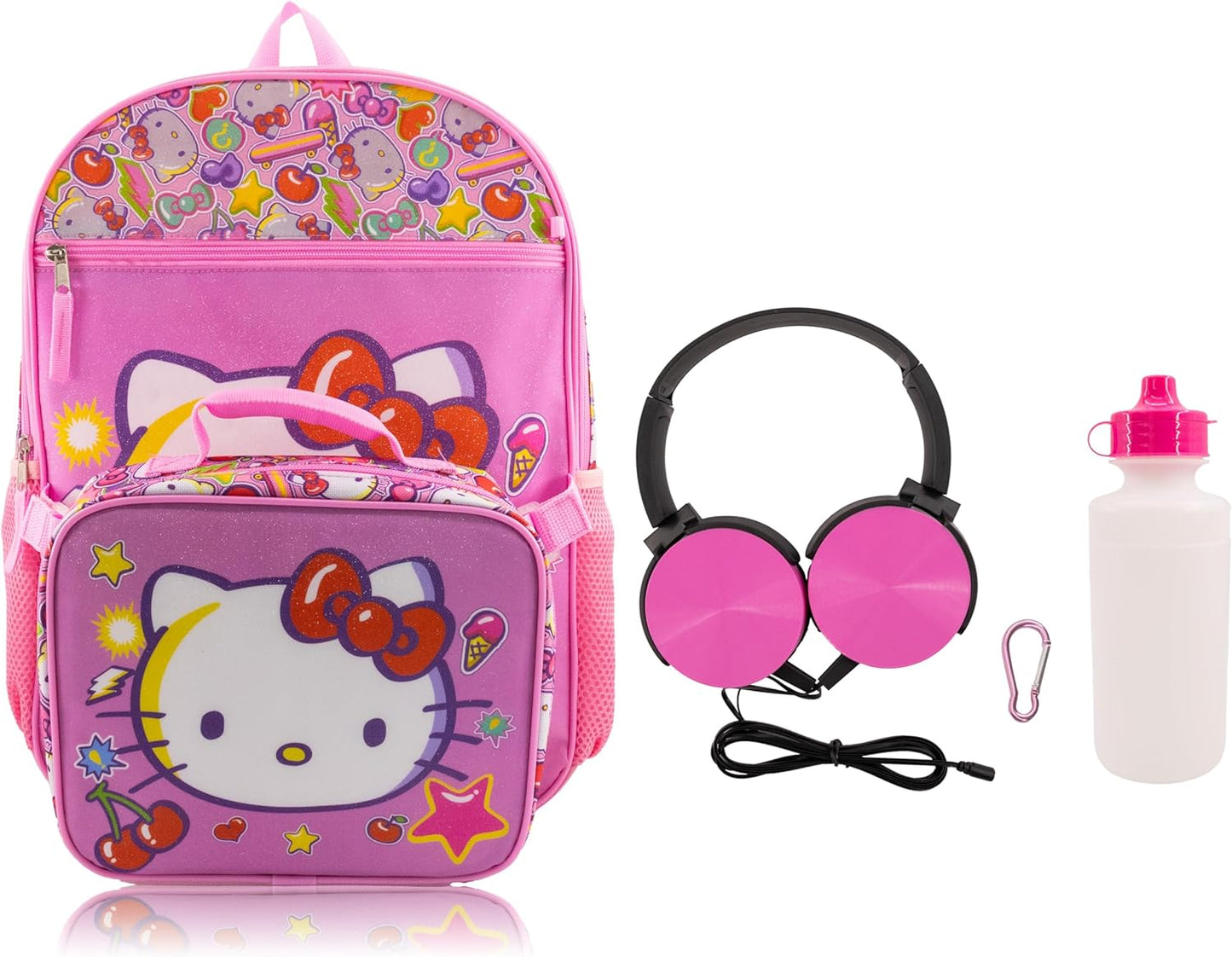 Sanrio Hello Kitty Backpack With Lunch Box for Kids | Insulated Lunch Bag Lunch Box for Girls, Boys, Toddlers | Backpack for School and Reusable Lunchbox with Matching Headphones and Water Bottle