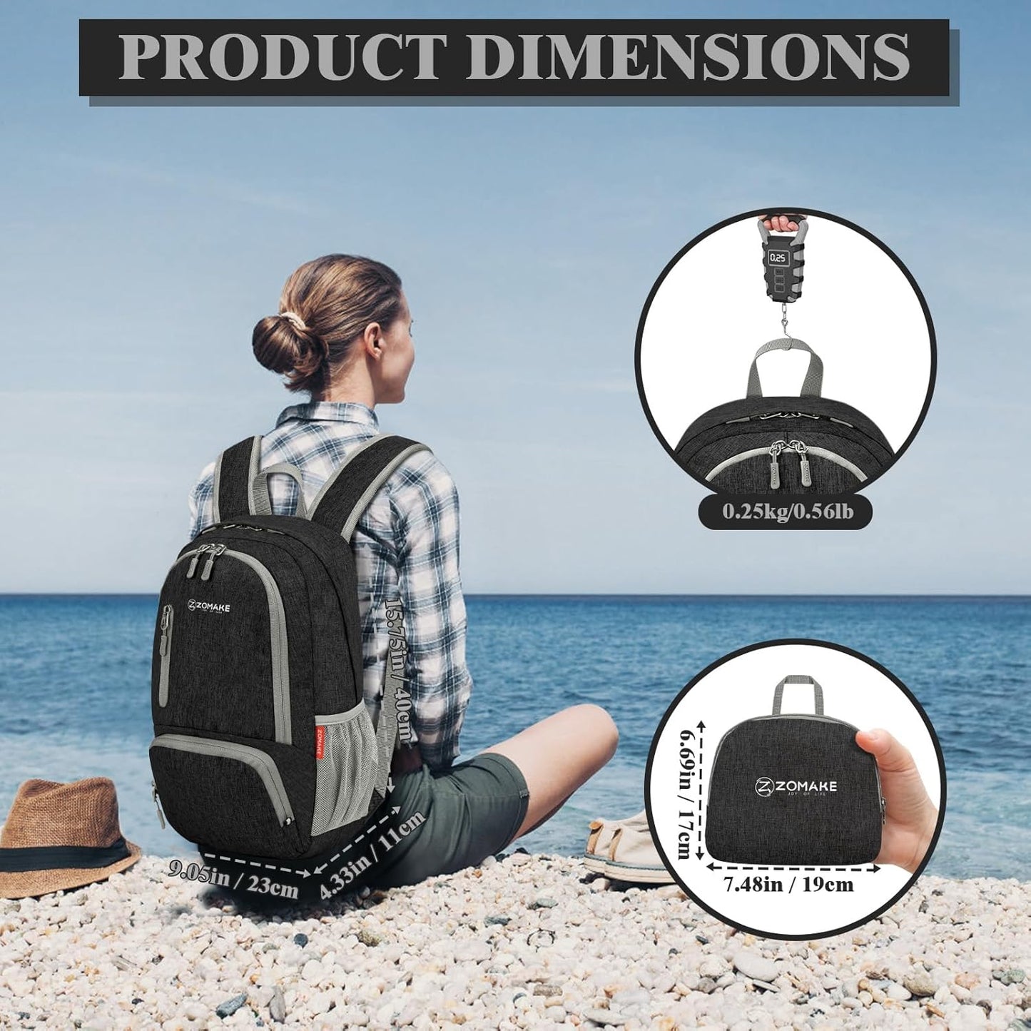 ZOMAKE Ultra Lightweight Packable Backpack 20L,Small Foldable Backpacks Hiking Water Resistant Collapsible Daypack for Women Men(Black-B2)