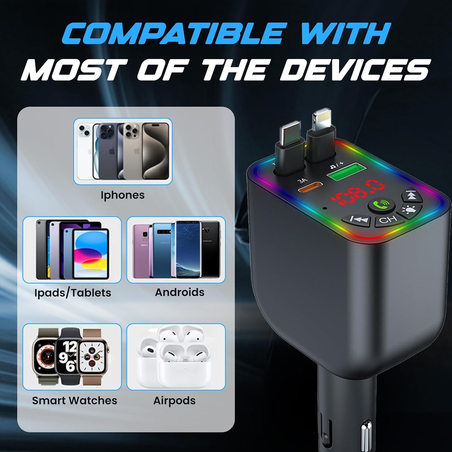 Bluetooth 5.3 Car FM Transmitter with 120W Max Power, Retractable Cables (80cm), Digital Display, Hands-Free Calling, Noise Canceling, and Dual Device Charging
