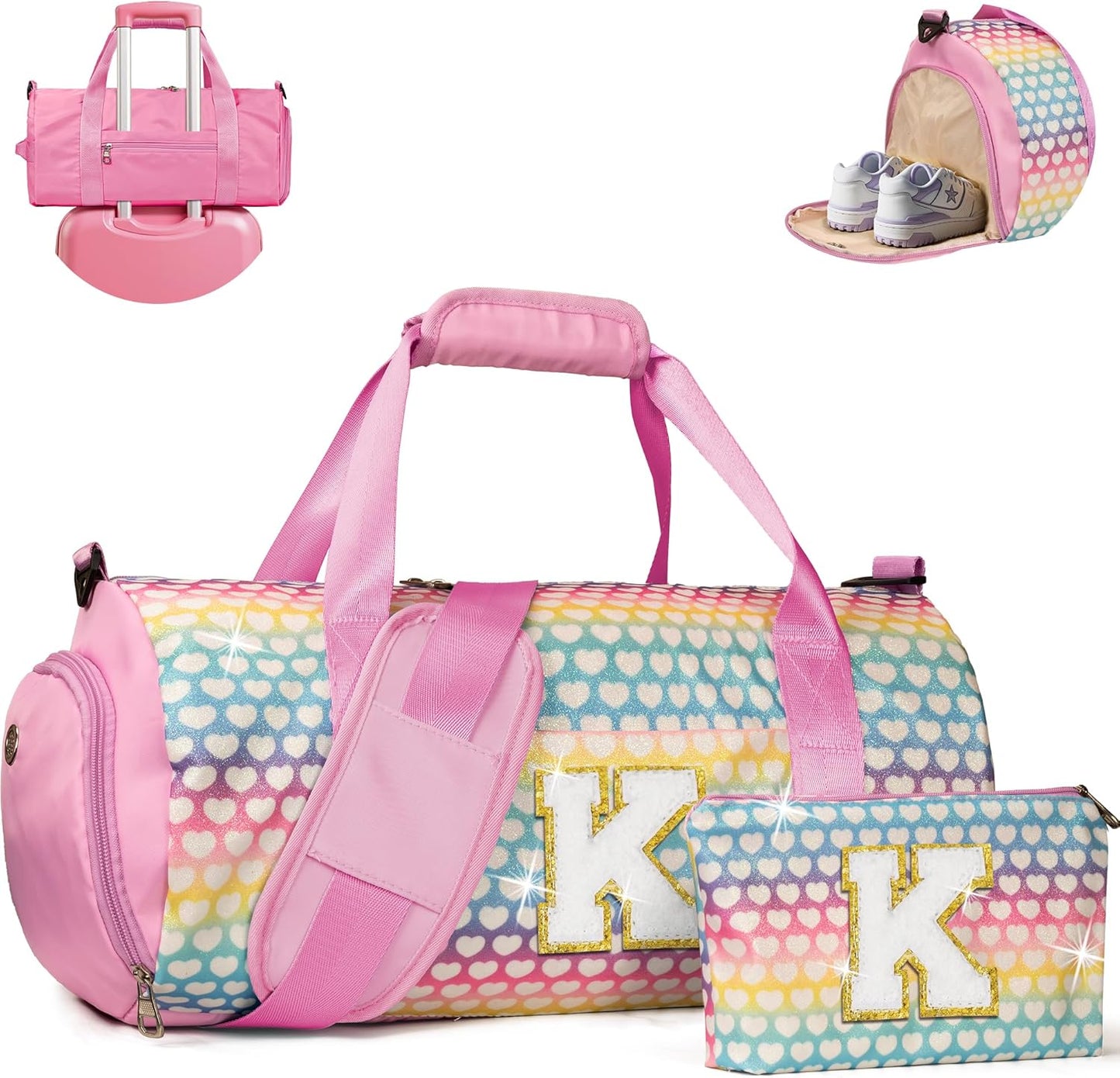 Christmas Gifts for Grandkids, Girls Travel Duffel Bag, Kids Initial Overnight Bags with Shoe Compartment, Personalized Weekender Bag with Makeup Pouch, Birthday Gift for Girl (Letter K)
