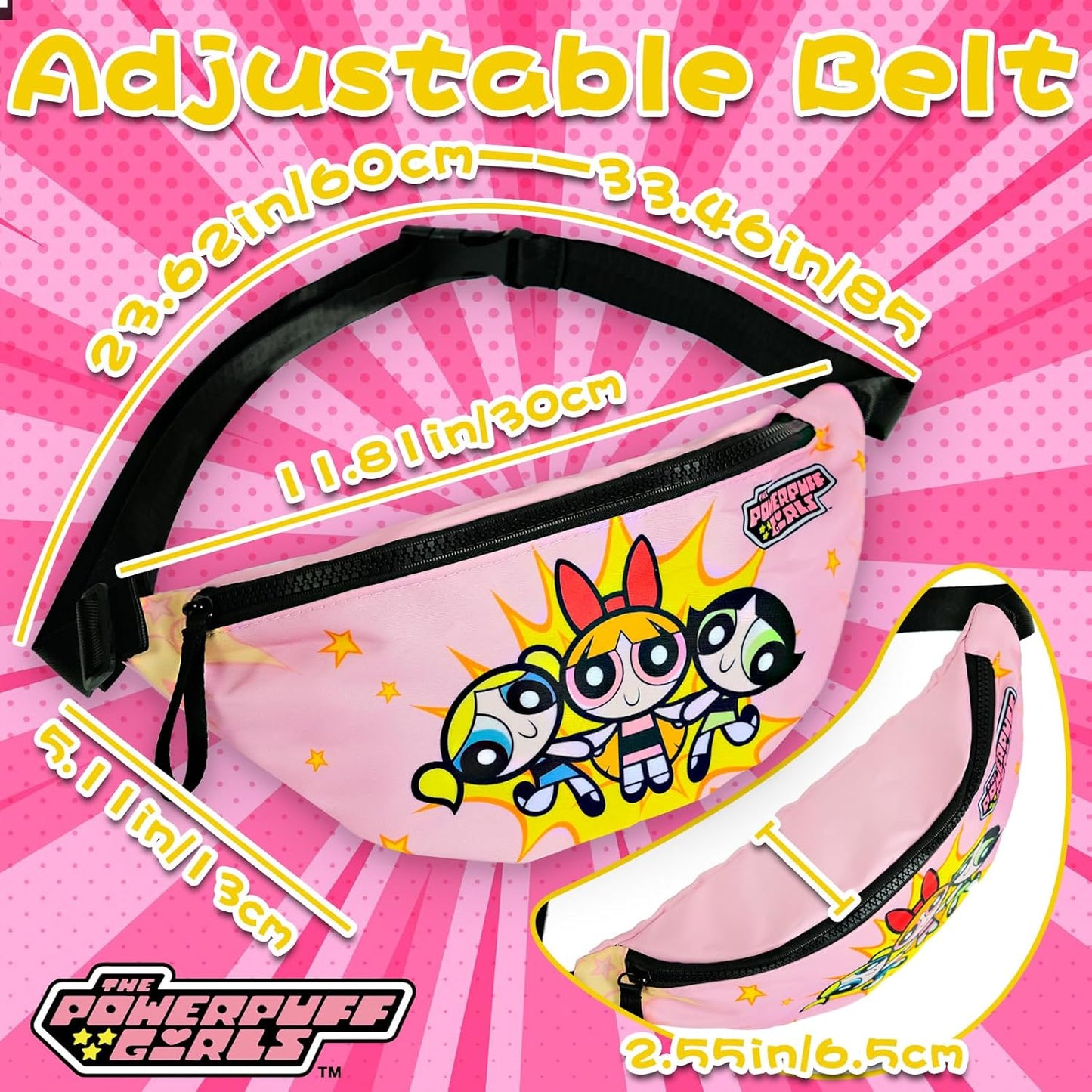 The Powerpuff Girls Fanny Pack Pink Running Belt, Cartoon Waist Pack Bum Bag with Adjustable Strap, Pink Belt Bag for Travel Cycling Everyday Use Christmas Gift