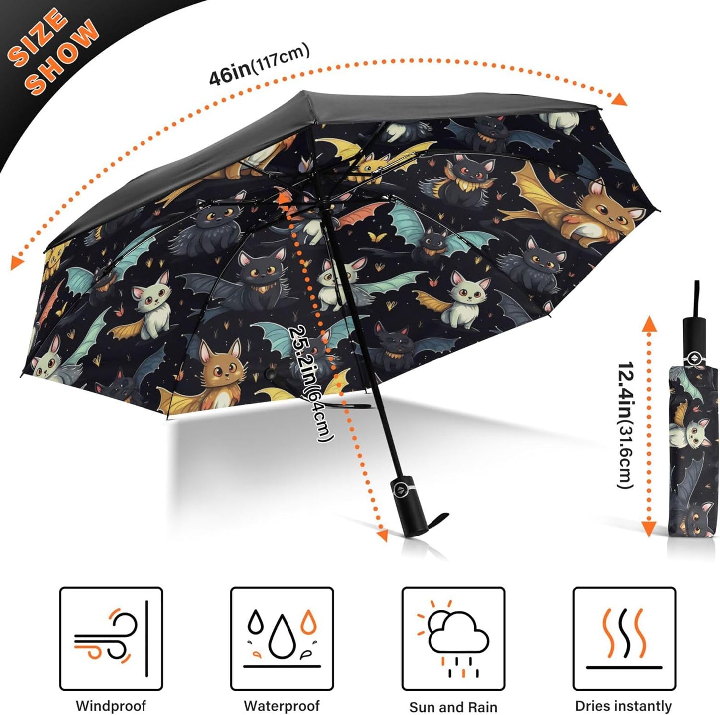 Automatic Folding Umbrella Windproof Strong, UV Protection Compact Black Gothic Moon Spider Webs and Bats Sun Rain Sun Rain Travel Umbrellas for Women Men