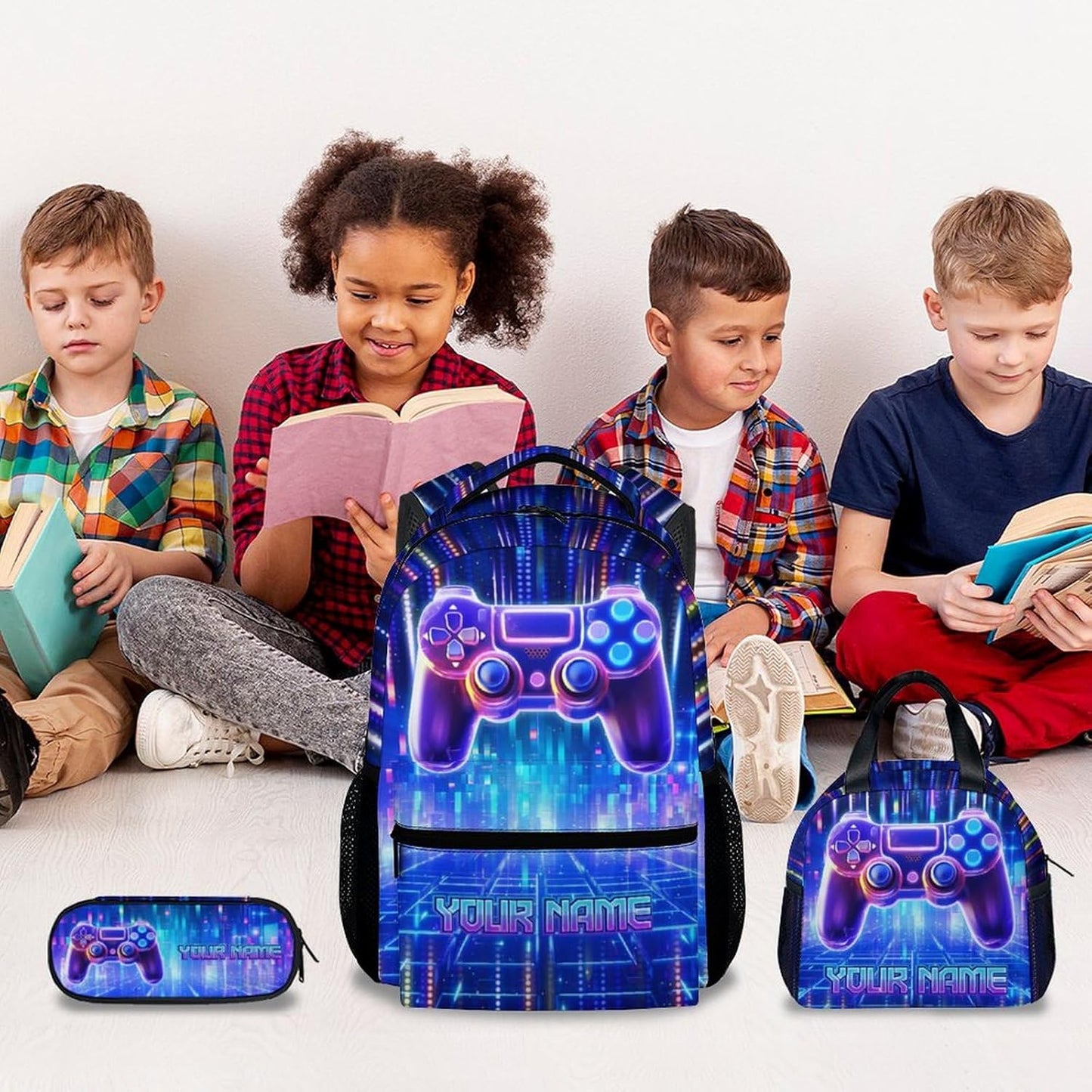 Mercuryelf Kids Backpack with Lunch Box - Custom Gaming Kid Backpack Set for School, Travel - 17 Inch Cool Gamer Bookbag Lunch Bag and Penci for Boys - 3 in 1 School Bag Set for Primary Middle