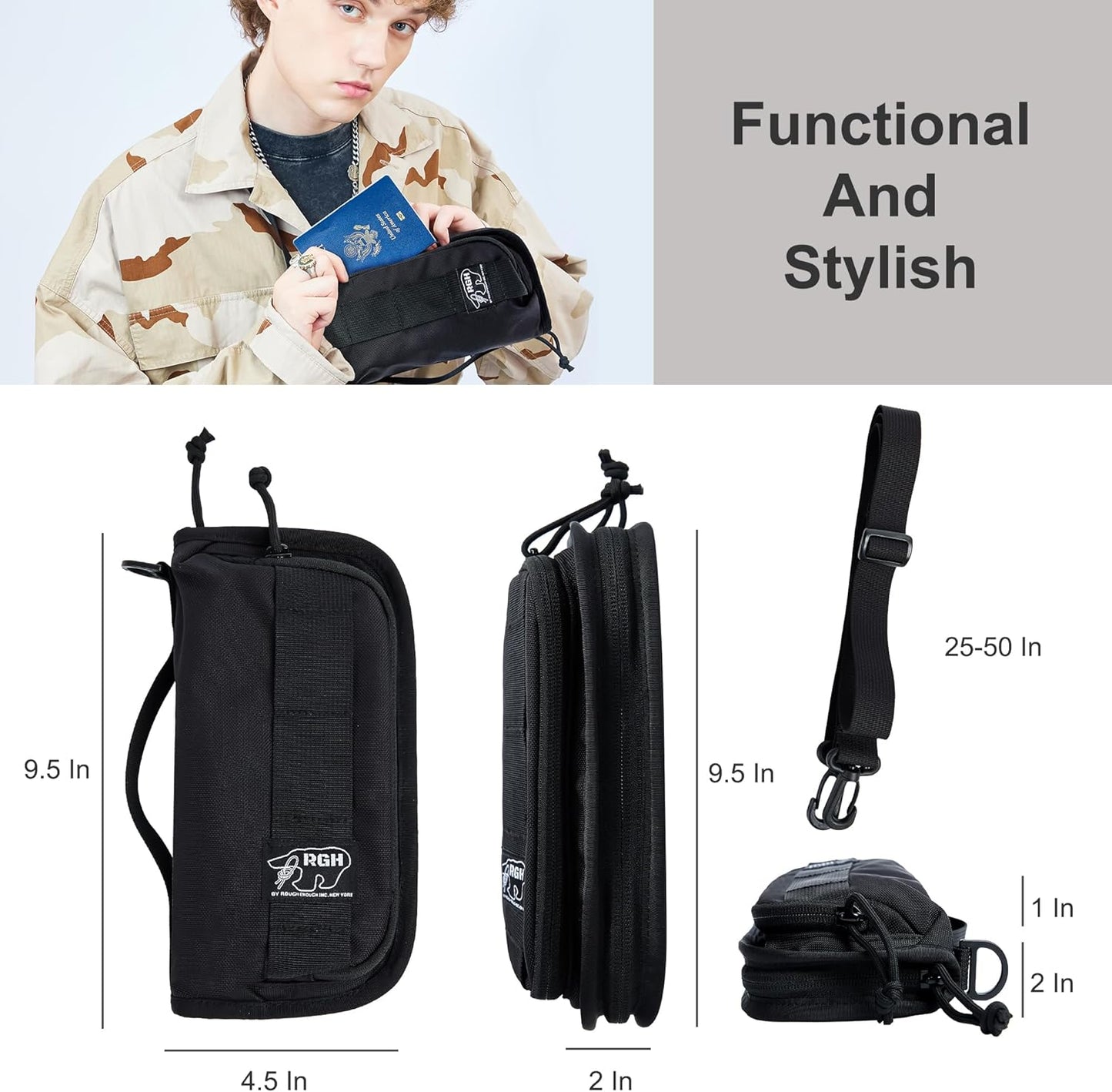 Rough Enough Passport Wallets RFID Passport Holder Wallet Sleeve for Travel Family with Crossbody Shoulder Strap Neck Portable Waterproof Black Cordura