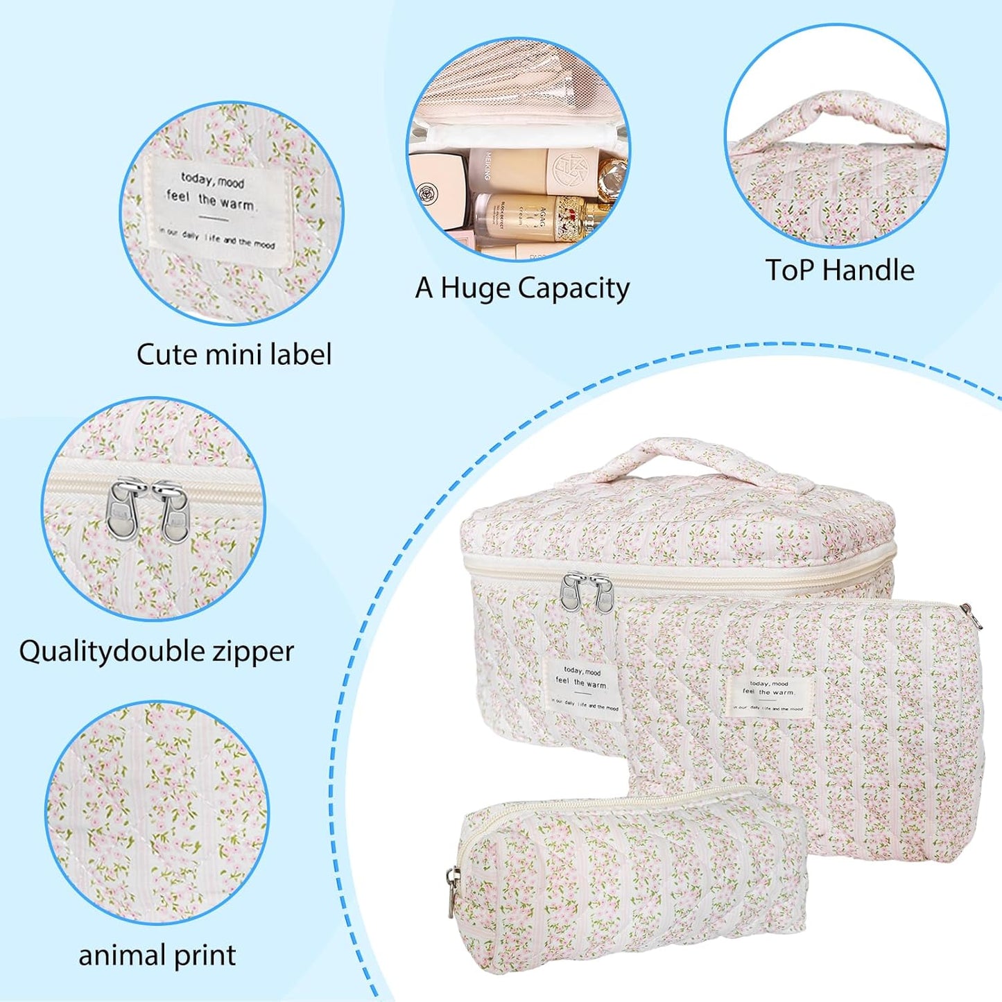 Quilted Makeup Bag, Large Capacity Travel Cosmetic Bag for Women and Girls, Aesthetic Storage for Daily and Travel Use (3pcs-pinkleavesflowers)