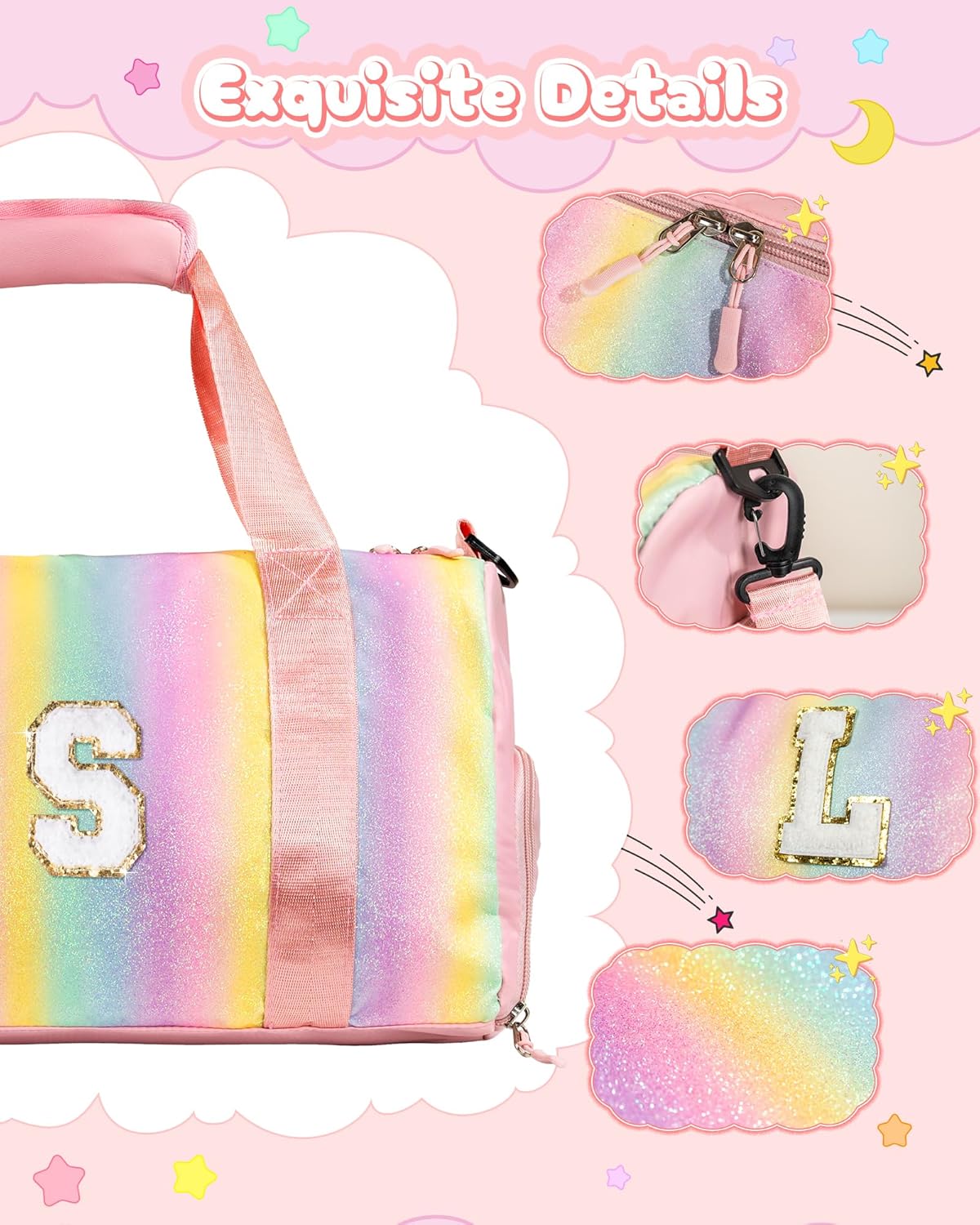 Girly Girl Stuff-Girl Gym Bag with Shoe Compartment, Kid Personalized Weekender Overnight Bags, Initial Travel Tote with Makeup Pouch, Gift Ideas for Niece Sister (Letter W)