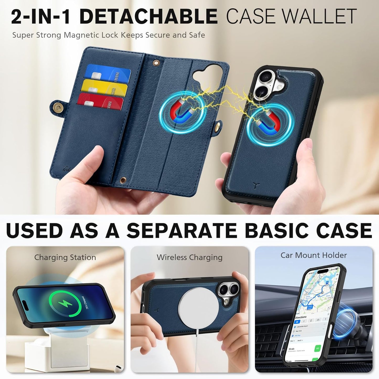 TUCCH Crossbody Detachable Wallet Case for iPhone 17 (6.3") 2025, 9 Card Holders RFID Blocking, Wireless Charging, Stand, Wrist Strap, Lanyard, Zipper Pocket, PU Leather Shockproof Cover, Dark Blue