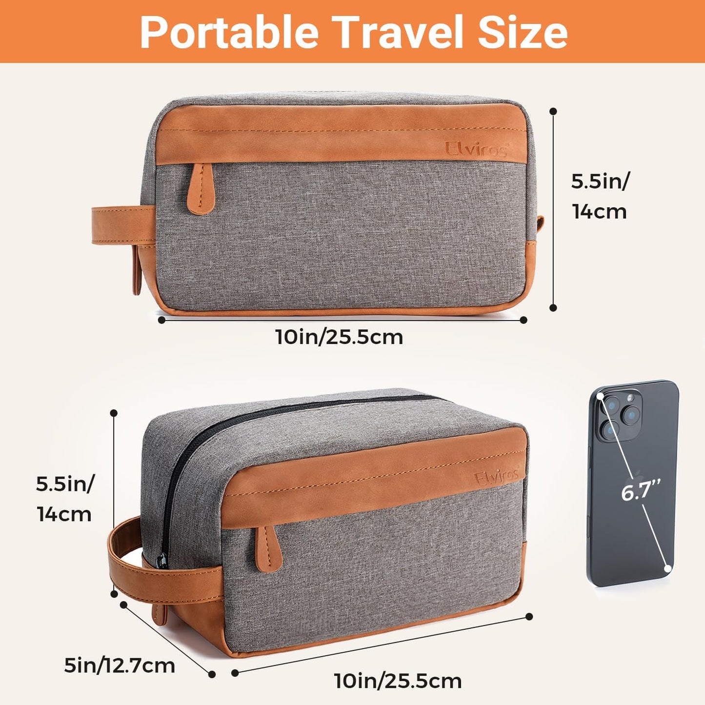 Elviros Travel Toiletry Bag for Men Hanging Dopp Kit Water Repellent PU Leather Shaving Bag with Large Capacity for Travel and Bathroom, Grey