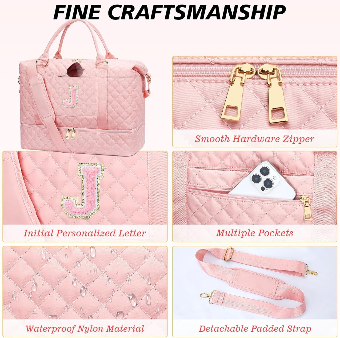 Gifts for Women Girls Initial Travel Duffle Bag Quilted Weekender Carry-On Overnight with Cosmetic Bag, Gym Bag with Shoe Compartment Hospital Bag for Labor Delivery, Pink J