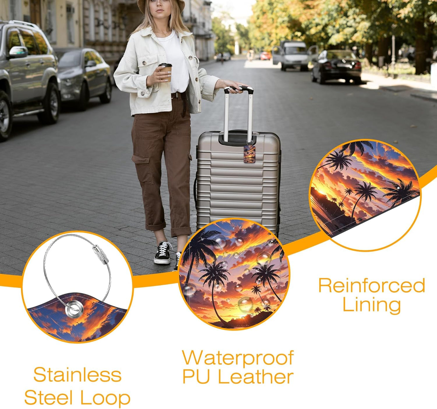 Luggage Tags for Suitcase 3 PCS Sunset Beach Coconut Trees Leather Travel Luggage Tag with Stainless Steel Loop Name ID Label Privacy Cover for Women Men Travel