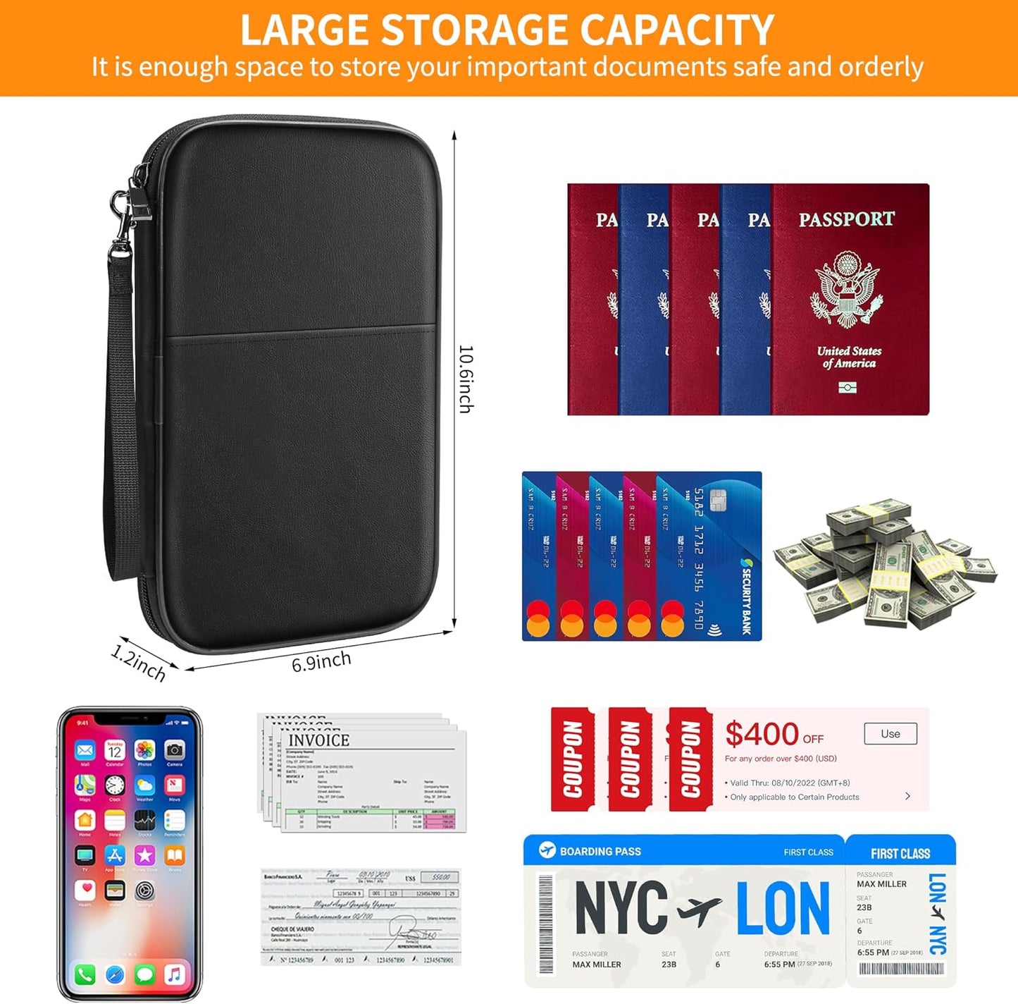 JUNDUN Family Passport Holder,Upgraded Material Fireproof Travel Passport Wallet with 2 Pockets,Travel Document Organizer Case for Passport,Card and Money