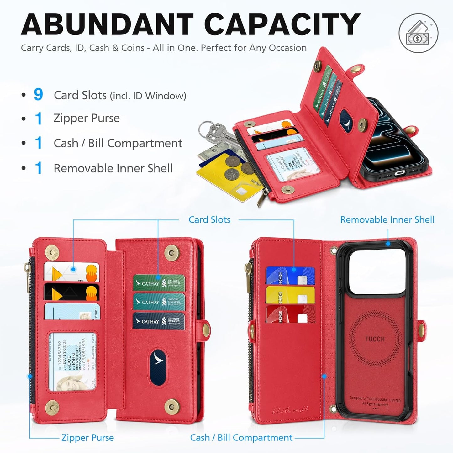 TUCCH Detachable Crossbody Wallet Case for iPhone 17 Pro 6.3", 9 Card Slots RFID Blocking | Stand | Lanyard Wrist Strap | Wireless Charging | Zipper Pocket | PU Leather Magnetic Flip Cover | Red