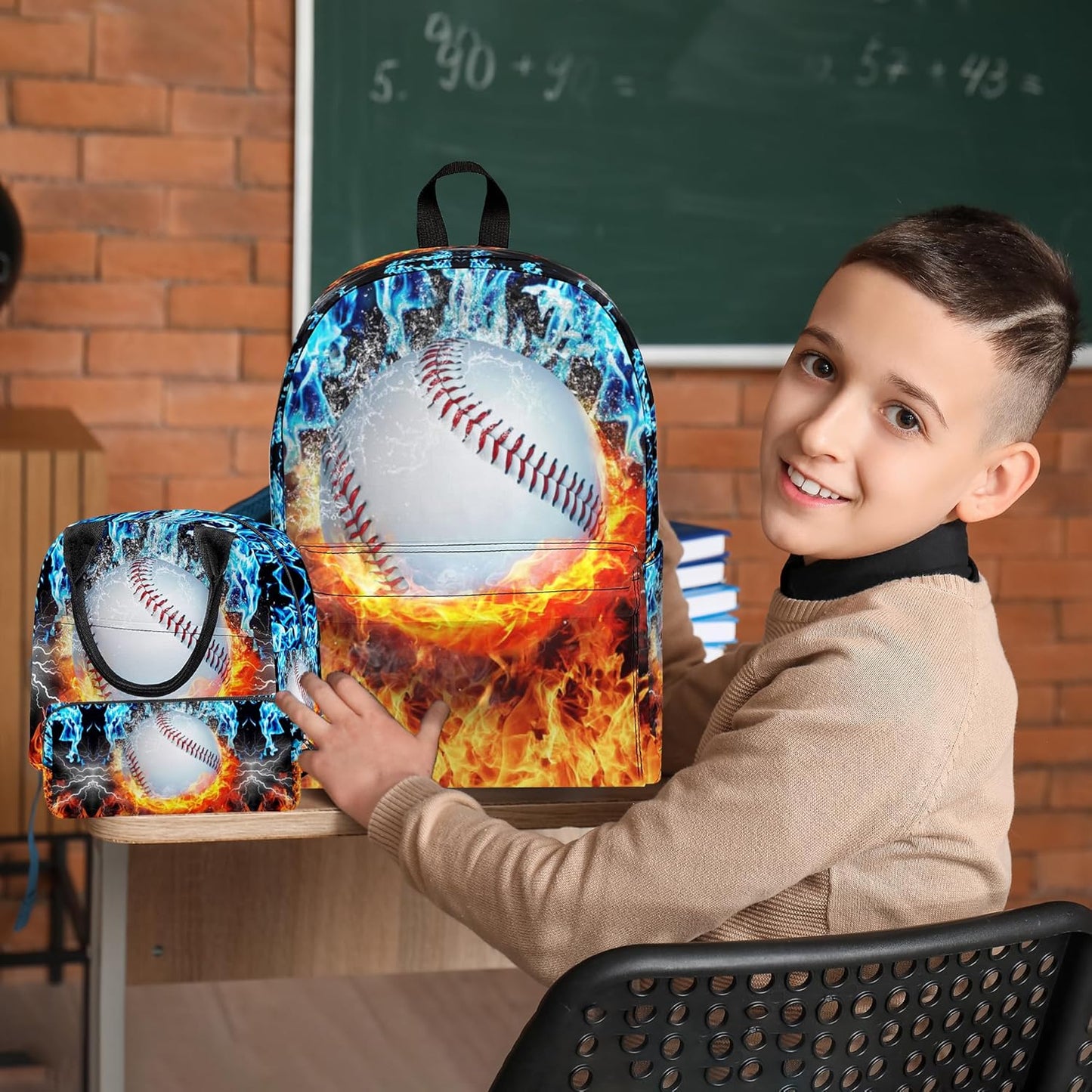 3PCS Baseball Backpack Set for Boys, Large Lightweight 17 Inch Backpack with Lunch Bag & Pencil Case for Kids, Back to School Cool Sports Bookbag for Elementary Middle School -Fire