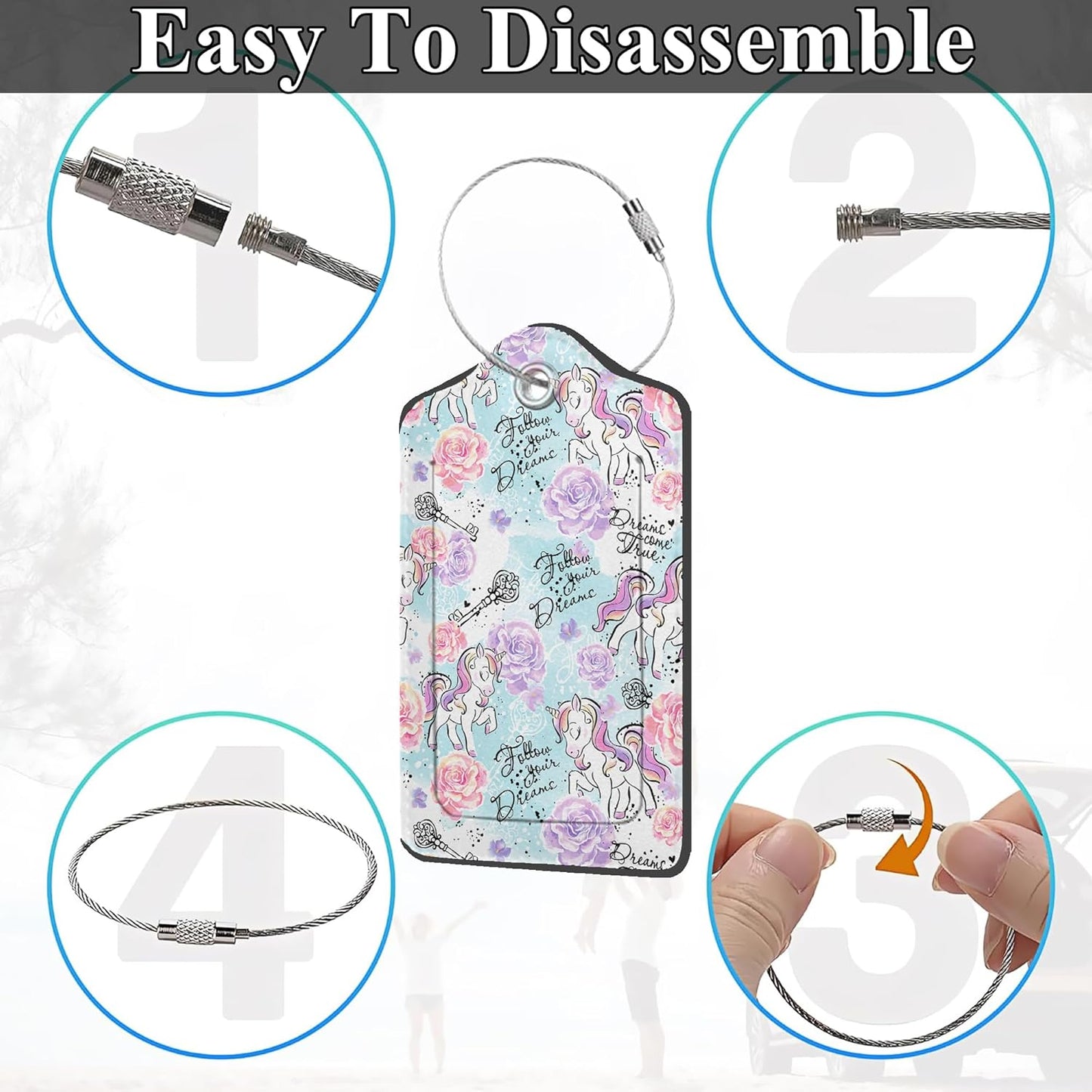 Art Watercolor Unicorns 2 Pack PU Leather Luggage Tags with Stainless Steel Loop, Funny Travel Labels with Privacy Cover ID Label for Quick Spotting
