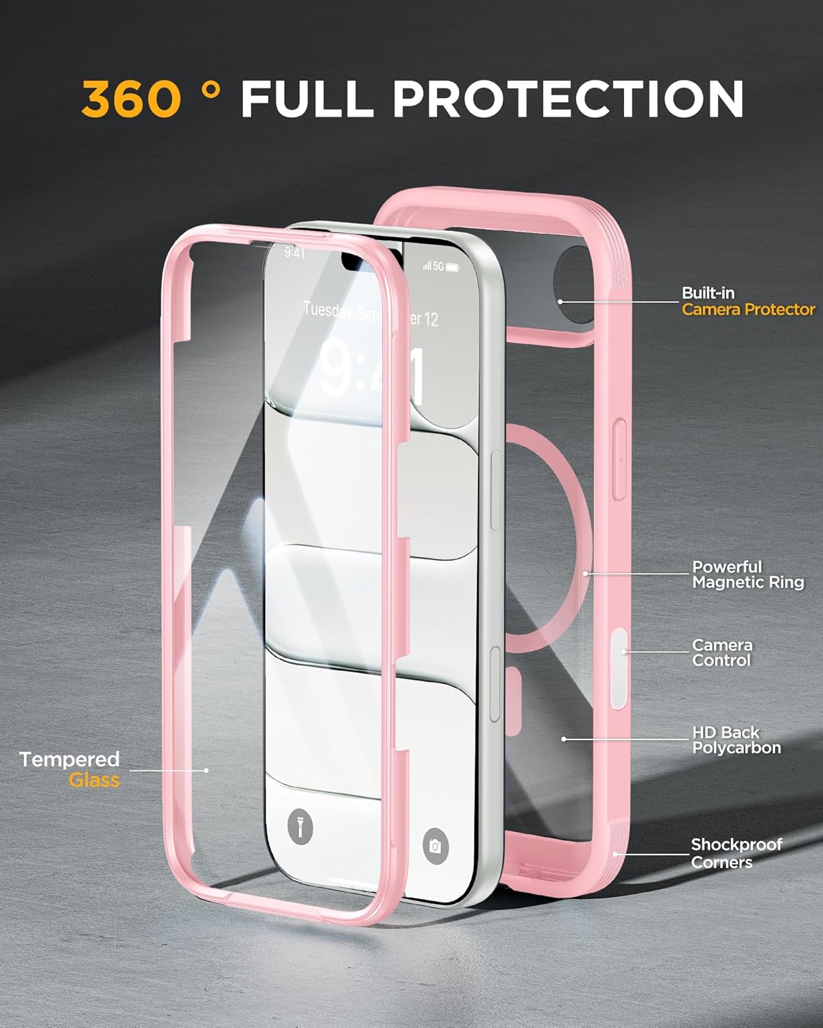 Miracase Magnetic for iPhone Air Case 6.5" [Compatible with MagSafe] Full-Body Phone Case with Built-in Glass Screen Protector & Camera Control,Drop Proof iPhone 17 Air Case Cover, Pink