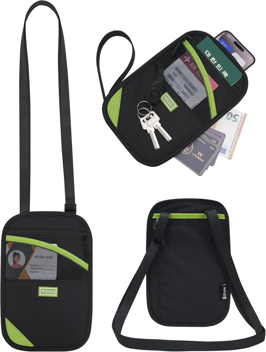 Peicees Neck Wallet, RFID Blocking Passport Holder, Easy to Conceal Travel Pouch, Green
