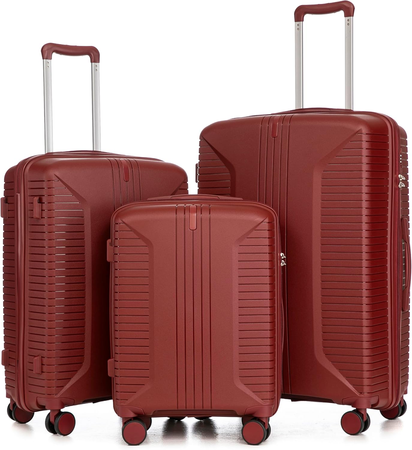Campfun 3 Piece Luggage Sets, PP Suitcase Set with Double Spinner Wheels Hang Hook, Durable Carry On Luggage with Combination Lock, 20/24/28 inch, Red