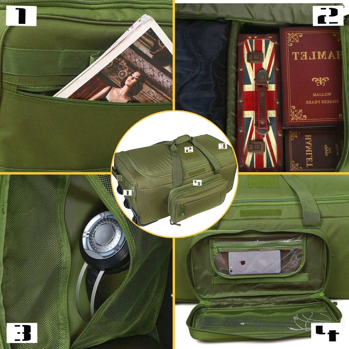 Military Wheeled Deployment Bag Large Tactical Heavy Duty Duffel Bag for Camping Hiking (Green)