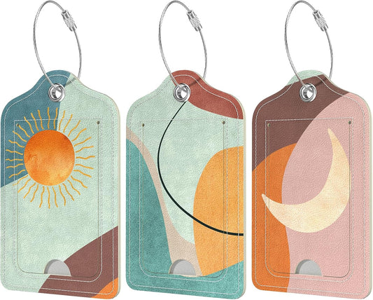 Rimilak 3 Pcs PU Leather Luggage Tags for Suitcase, Travel Cruise Luggage Tag with Privacy Flap, Name ID Label and Metal Loop for Women Men Baggage Handbag School Bag Backpack, Day and Night