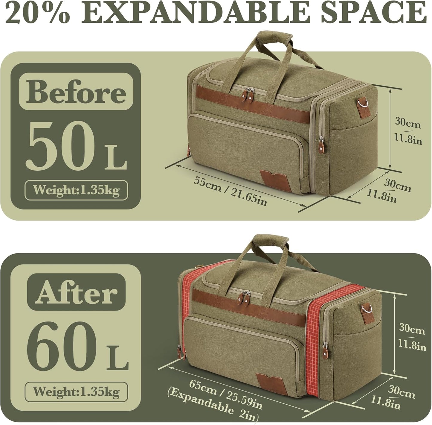 SHOWKOO Duffle Bag for Travel 60L Expandable Canvas Travel Bag Durable Vintage Weekender Overnight