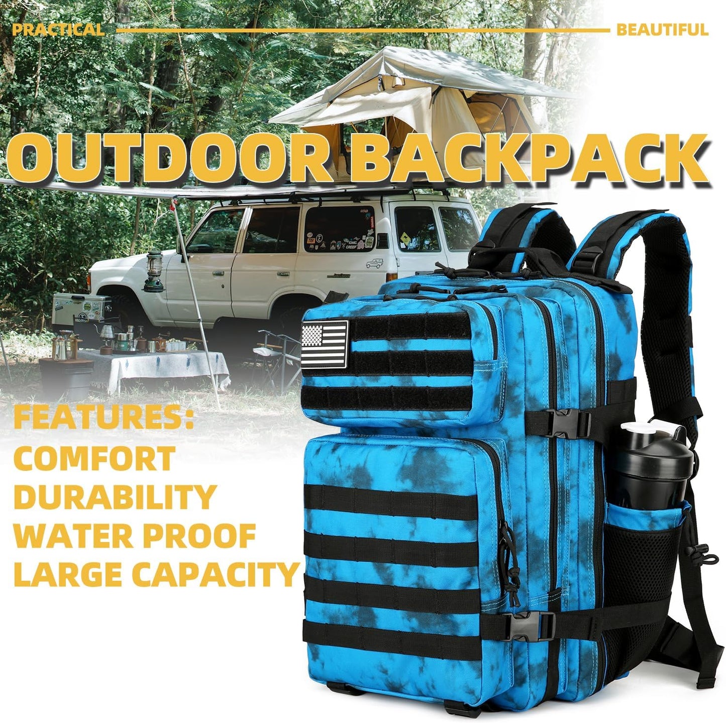 25L Tactical Backpack Military Tactical Backpack for Men and Women Small Assault Pack Outdoor Travel Hiking Camping Rucksack with Molle Webbing (Blue Water Pattern)