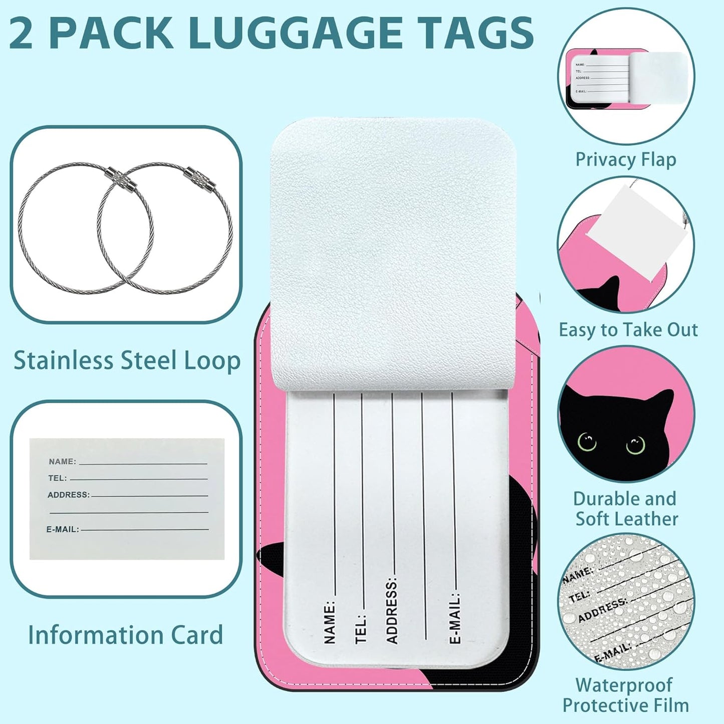 2 Pack Cute Luggage Tag for Suitcases Cute Cat Leather Luggage Tags with Stainless Steel Loop Privacy Flap Name Tags,Men and Women Travel Bag Suitcase Tags