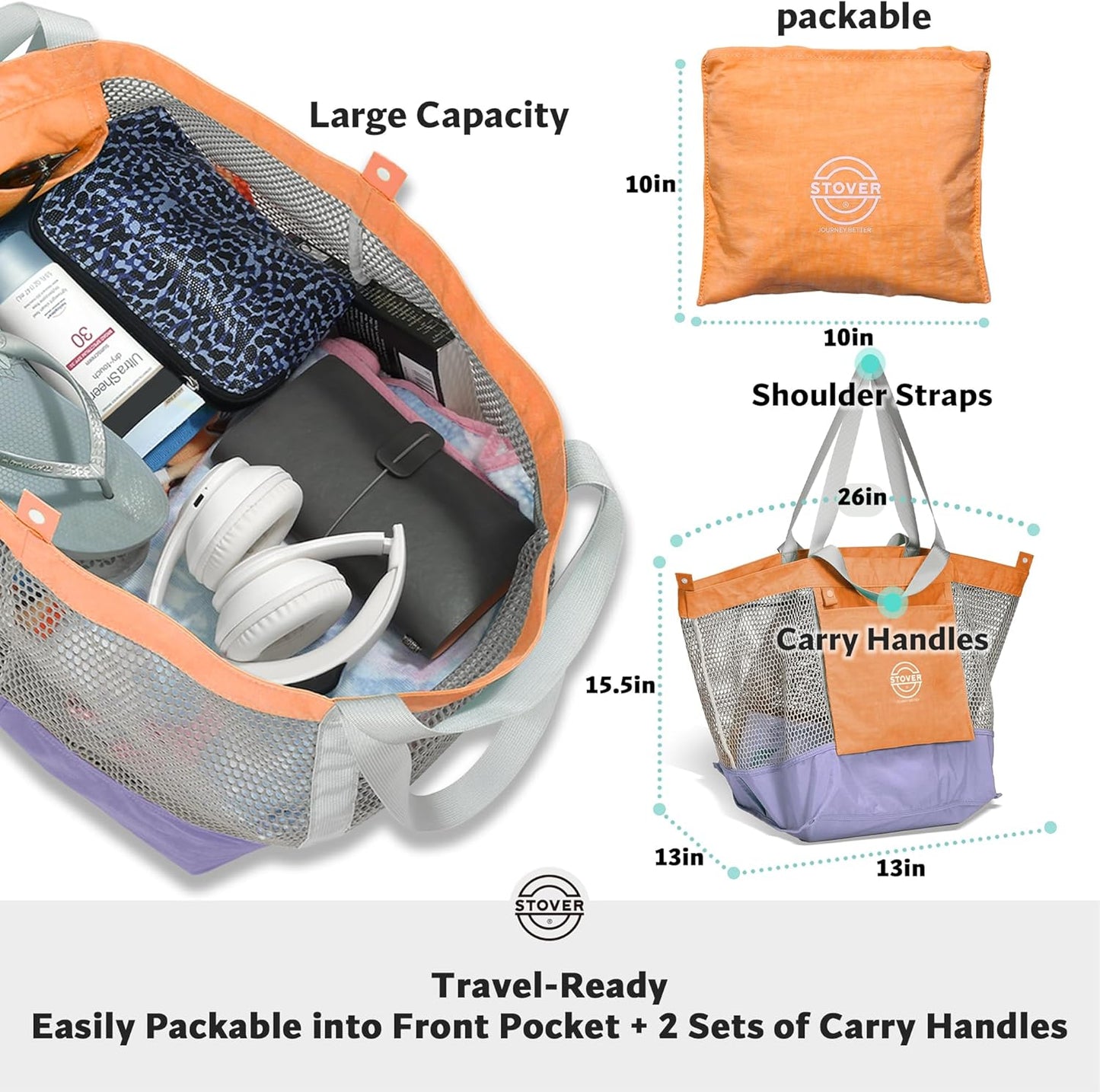 STOVER Large Mesh Beach Bag, Vacation, Pool, Shopping, & Travel Tote - Foldable w/Storage Pockets for Women, Men & Families