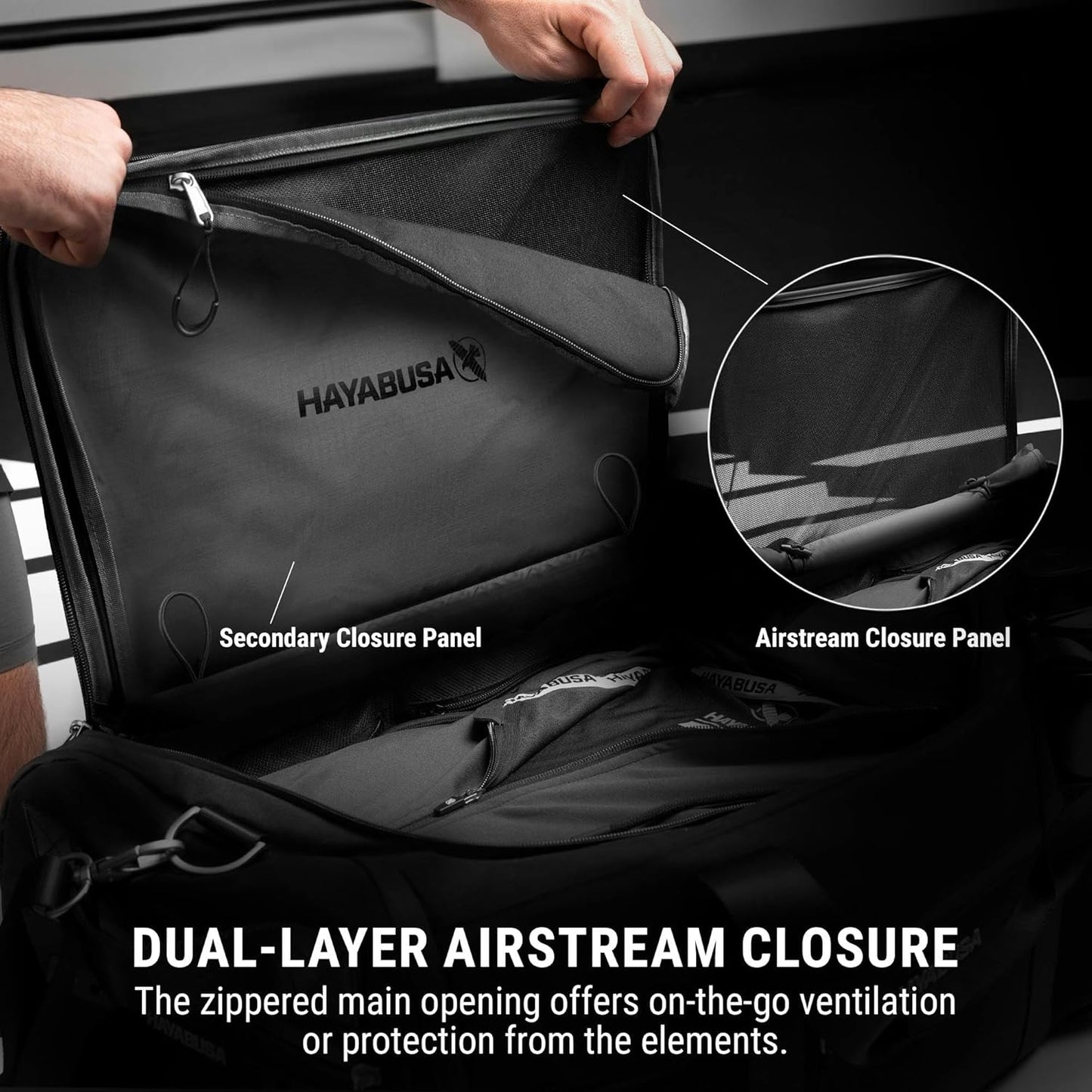 Hayabusa Airstream Athletic Duffle Gym Bag for Women and Men - Black, 50l duffle bag - 7 zippered
