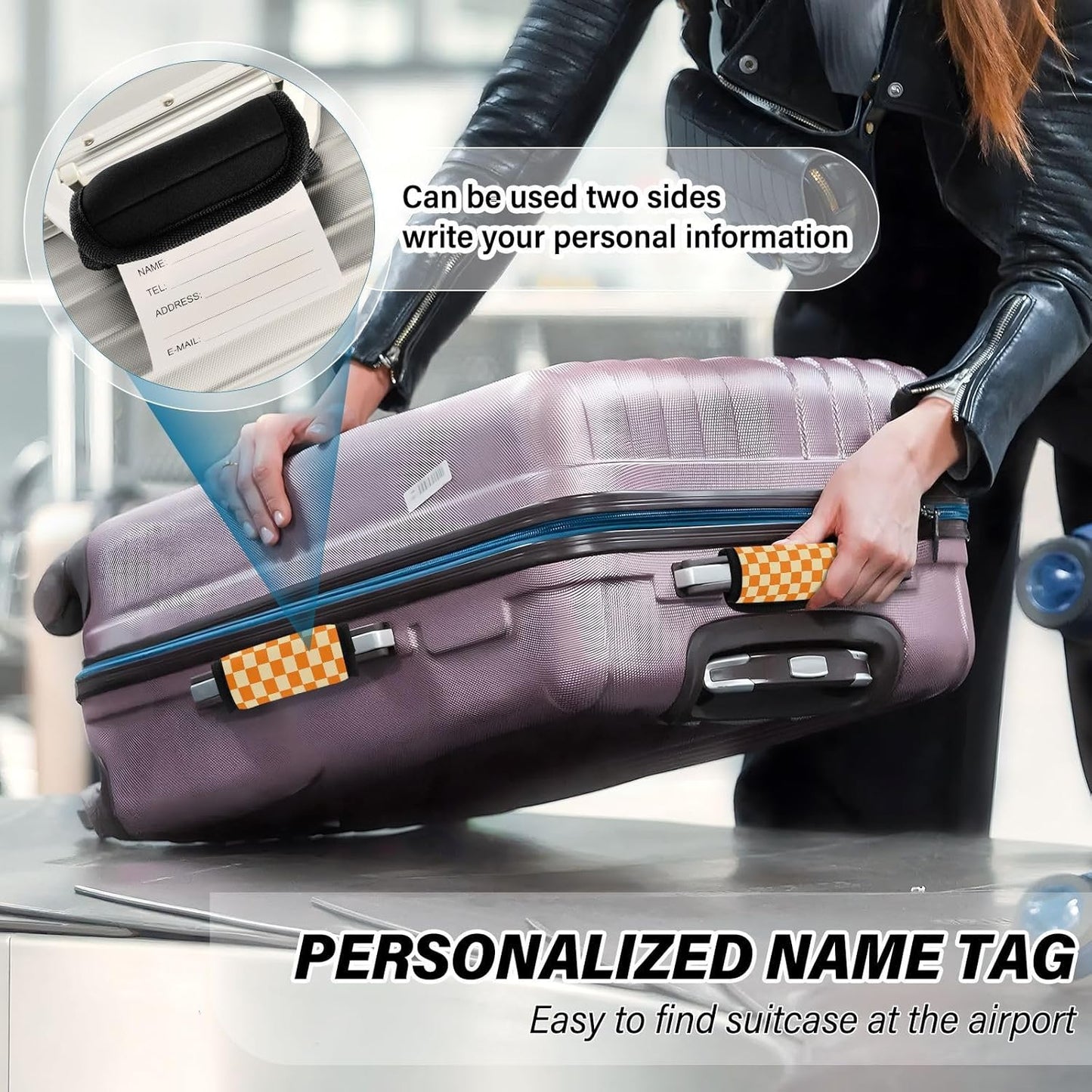 2 PC Luggage Handle Wrap Luggage Handle Covers Tags for Suitcase Bags Travel Luggage Handle Identifier Gripper Retro Orange Checkered Squares