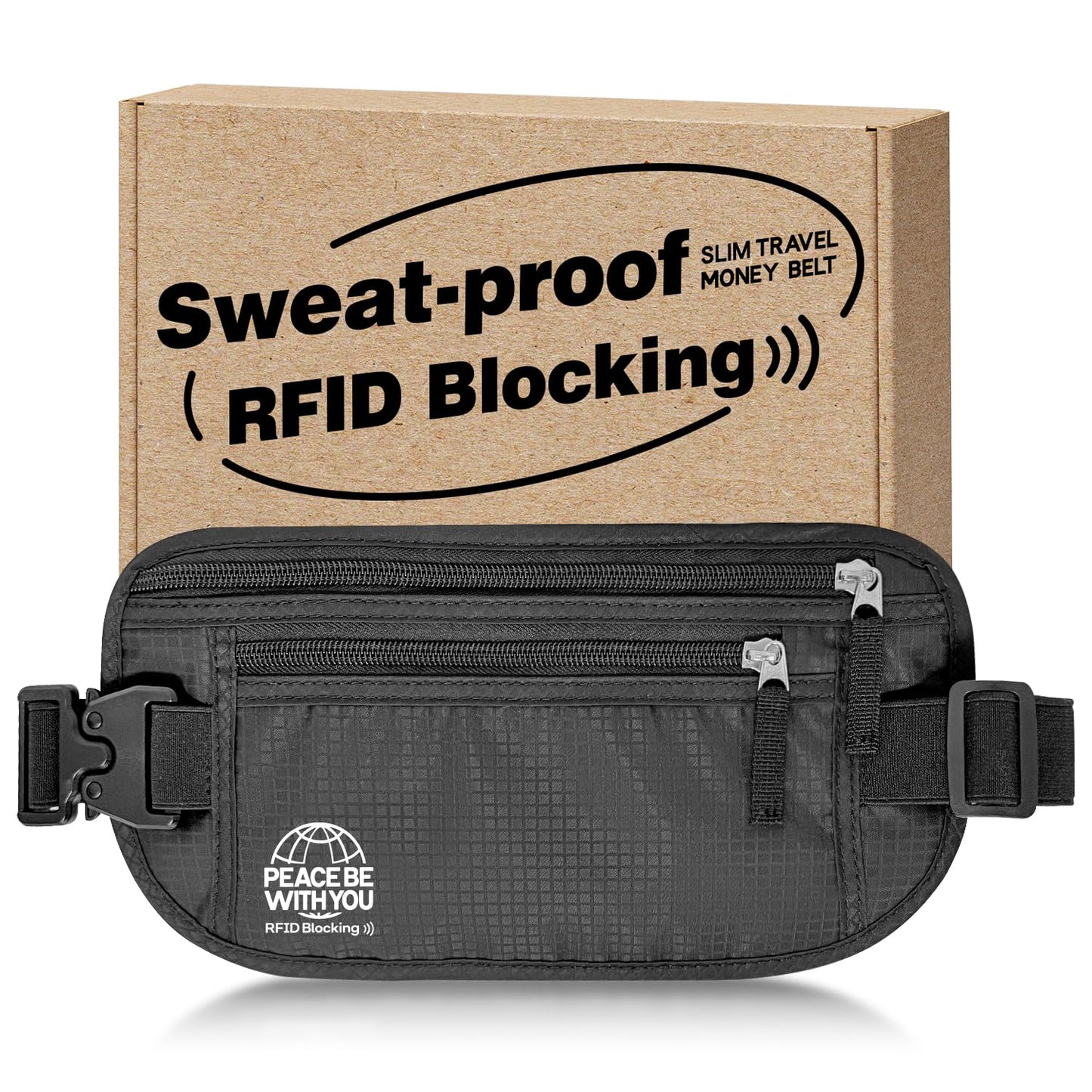 Money Belt for Travel, Passport Holder, RFID Blocking, Sweat-Proof, Black