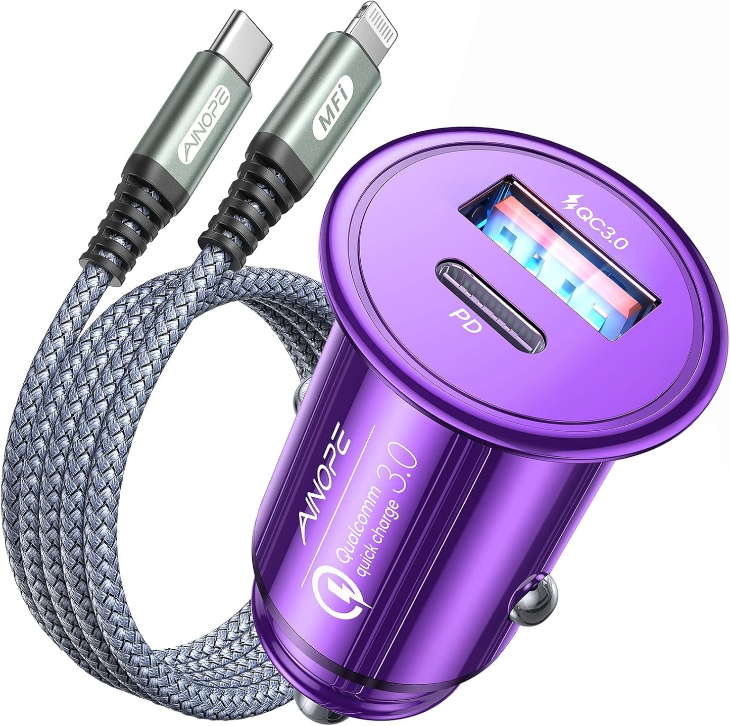 [Apple MFi Certified] AINOPE 54W Fast Car Charger iPhone, [Mini&Metal] USB C Adapter PD3.0&QC3.0 Compatible with iPhone 14 Pro Max/14 Plus/13 Pro Max/12